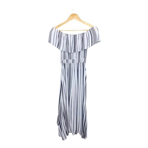 SOLD ! New Look Gray Striped Off Shoulder Casual Maxi Dress Size Small GUC - Picture 6 of 15